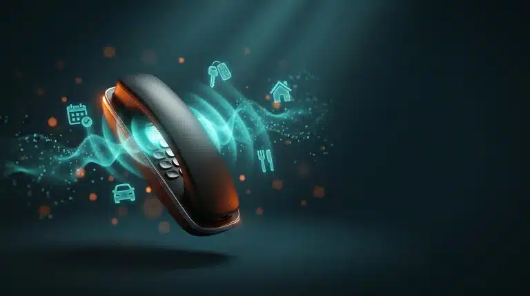 Recepcionista virtual con IA atendiendo llamadas de PYME con ondas de voz turquesa de Iberika Telecom
