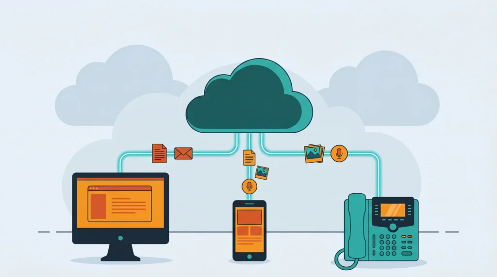 Esquema de funcionamiento de una centralita virtual para empresas conectando en la nube un ordenador, un teléfono móvil y un teléfono IP