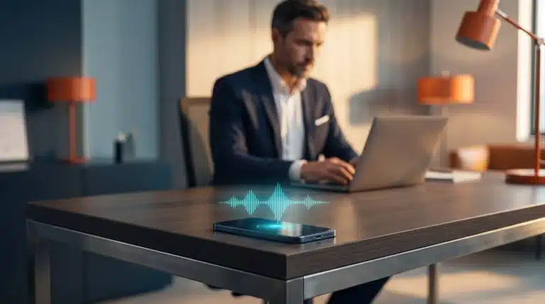 Primer plano de un smartphone sobre un escritorio de oficina cuya pantalla muestra un gráfico brillante de una onda de sonido azul. En el fondo desenfocado, un hombre de negocios trabaja tranquilo en su ordenador portátil