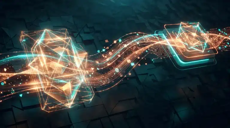 Ilustración corporativa del flujo de datos entre una llamada y la ficha del CRM en un call center integrado, con los colores de Iberika Telecom