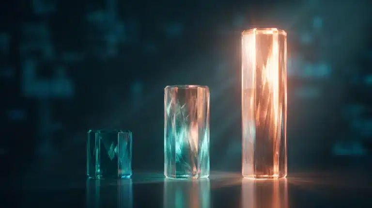 Representación abstracta de columnas de luz ascendentes que simbolizan los planes escalables del precio de una centralita virtual con IA